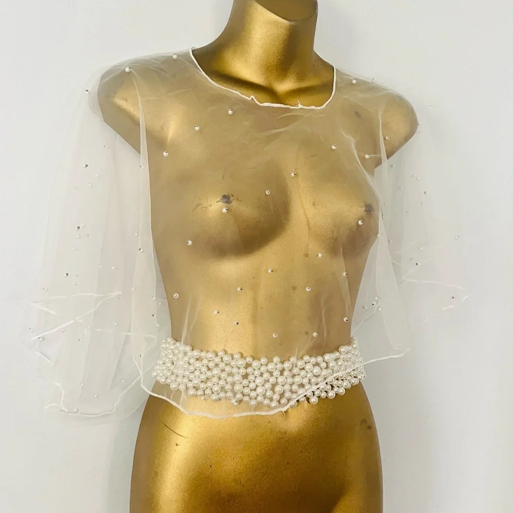 Anthropologie White sheer wedding bride tulle pearl cape cover up